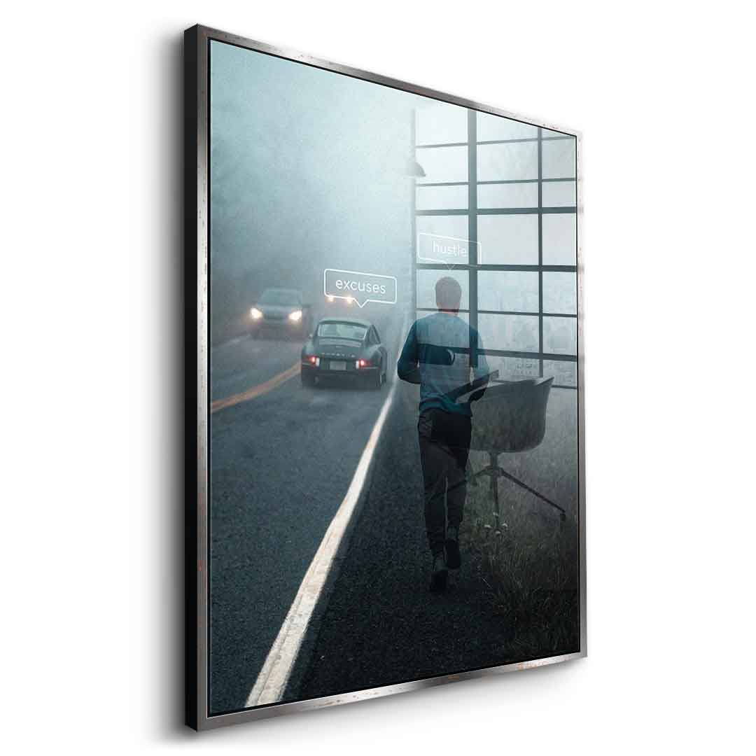 Seitenansicht Acrylglasbild Hustle & Excuses mit goldenem Rahmen