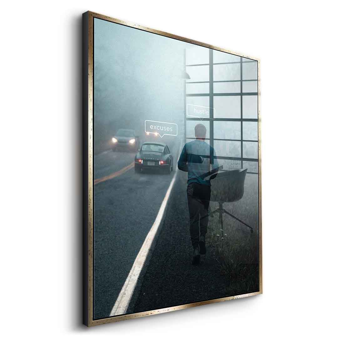 Seitenansicht Acrylglasbild Hustle & Excuses mit silbernem Rahmen