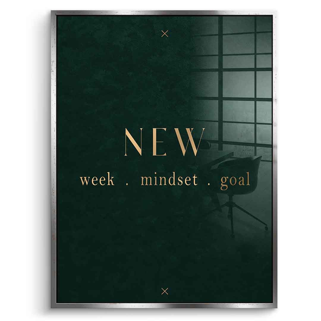 DOTCOMCANVAS NEW week, mindset, goal – motivierendes Typografie-Wandbild, goldene Serifen-Schrift auf dunkelgrünem Hintergrund – Acrylglasbild Ansicht 4