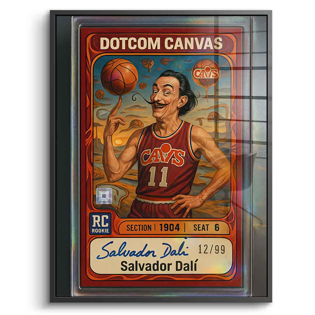 DOTCOMCANVAS® Salvador Dali Basketball Card Acrylglasbild – Frontansicht mit schwarzem Premium-Rahmen