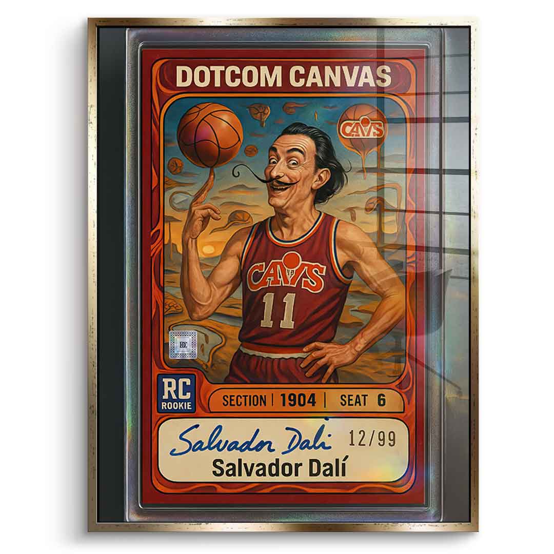 DOTCOMCANVAS® Salvador Dali Basketball Card Acrylglasbild – Frontansicht mit goldenem Premium-Rahmen