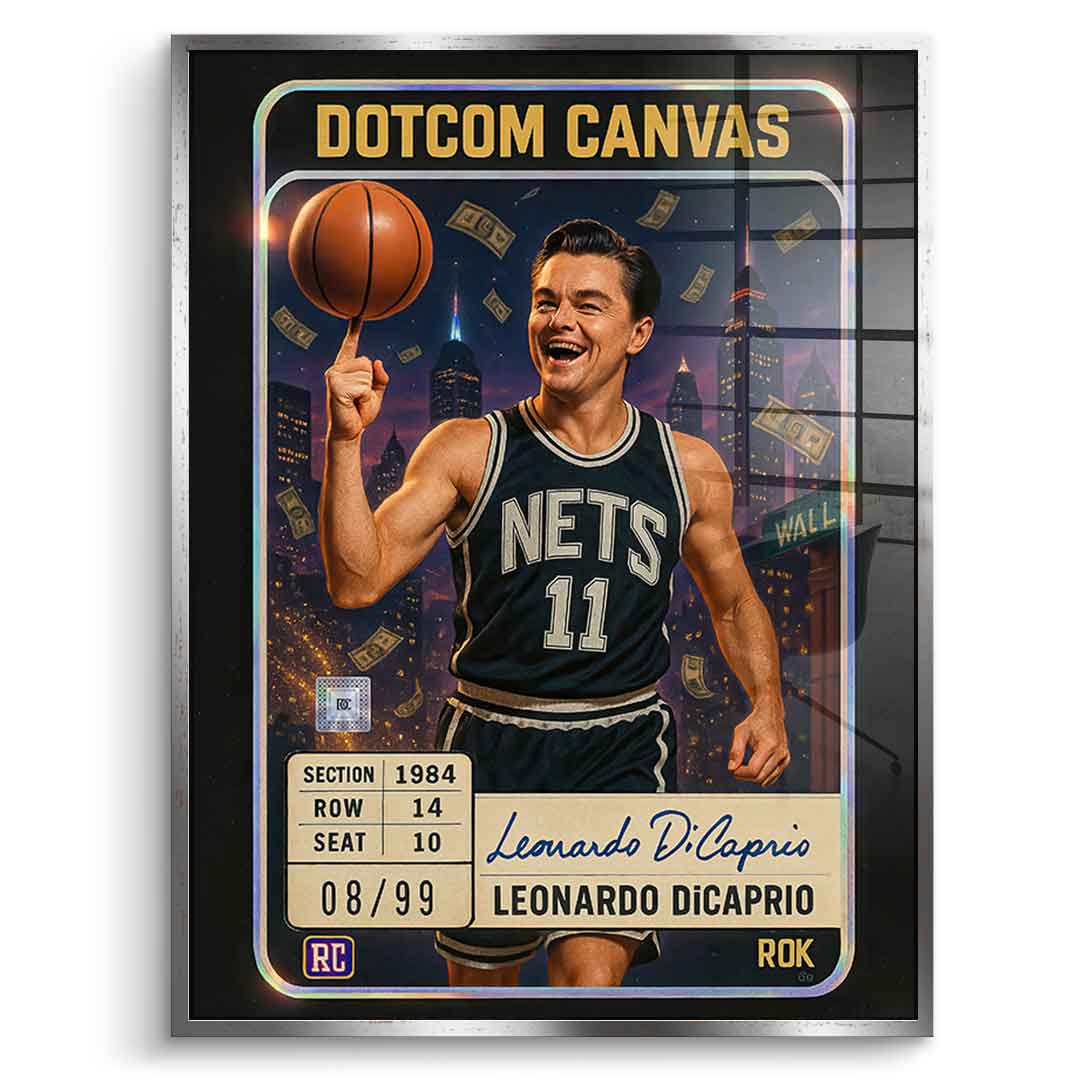 DOTCOMCANVAS Leo Dicaprio Basketball Card Acrylglasbild Vorderansicht Silberner Rahmen