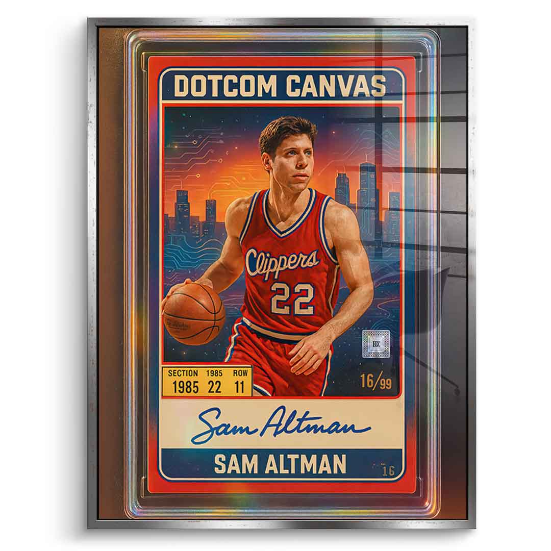 DOTCOMCANVAS Sam Altman Basketball Card Acrylglasbild Frontansicht Silber-Rahmen