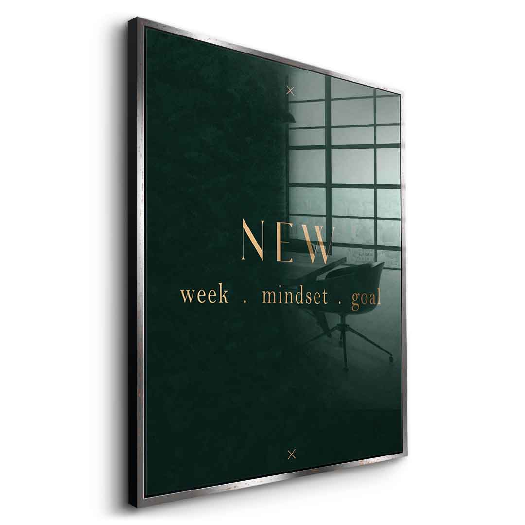 DOTCOMCANVAS NEW week, mindset, goal – motivierendes Typografie-Wandbild, goldene Serifen-Schrift auf dunkelgrünem Hintergrund – Acrylglasbild Ansicht 9