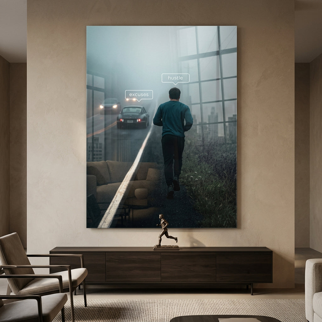 Acrylglasbild Hustle & Excuses Raum Mockup – Wohnzimmer Wandbild Motivation