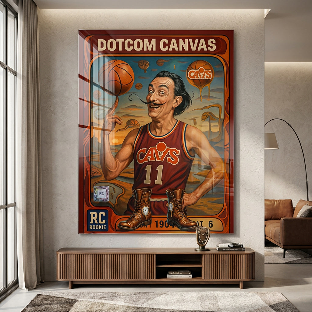 DOTCOMCANVAS® Salvador Dali Basketball Card Acrylglasbild – Raum-Mockup im Wohnambiente