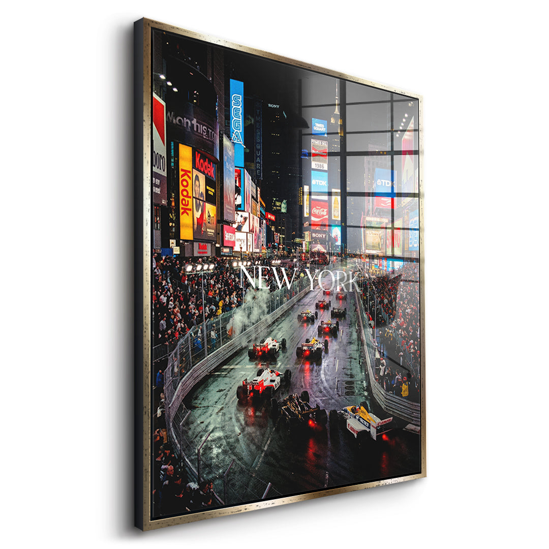 DOTCOMCANVAS New York F1 Acrylglasbild Seitenansicht mit Goldrahmen