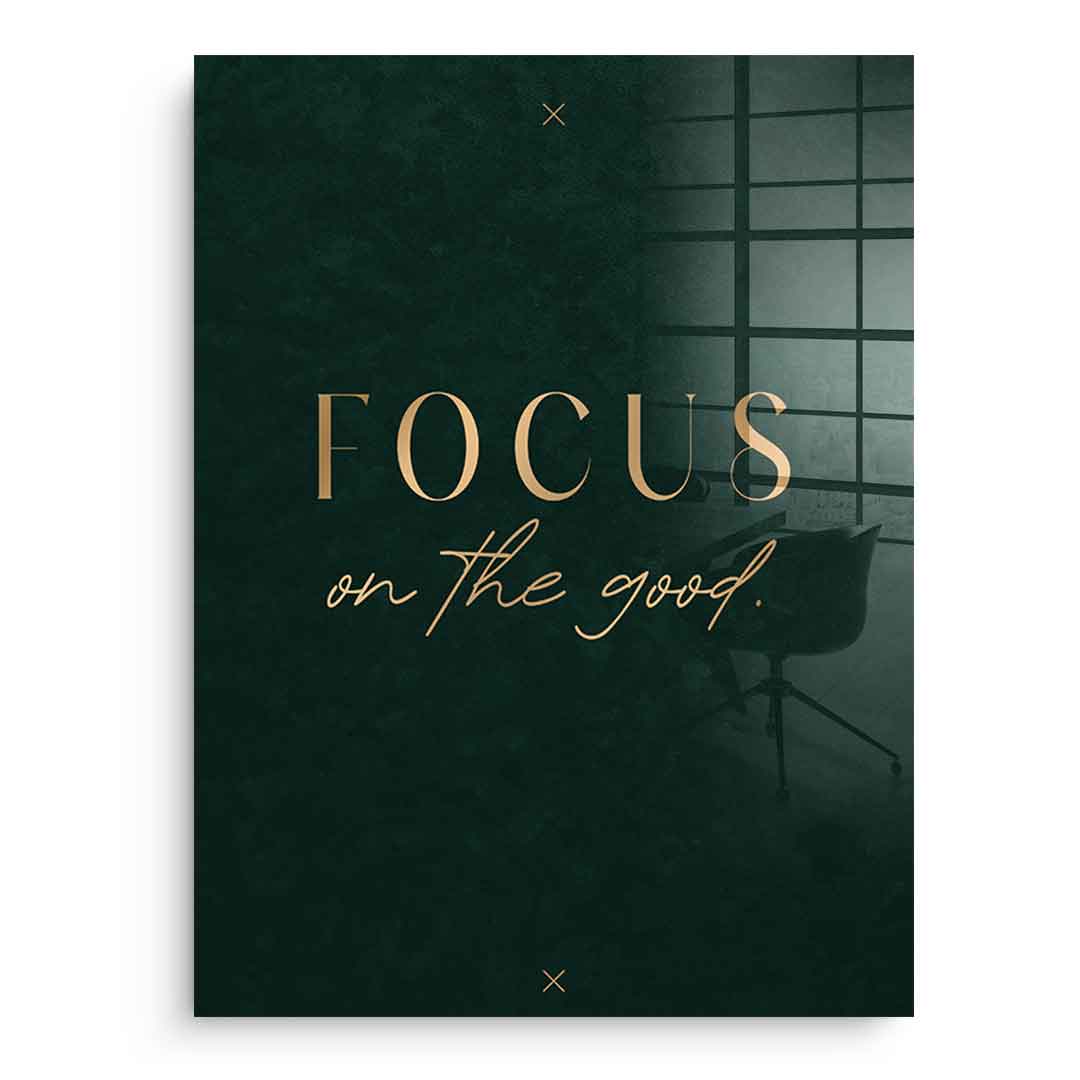 DOTCOMCANVAS FOCUS Acrylglasbild – Frontansicht ohne Rahmen, goldene Typografie auf dunkelgrünem Hintergrund