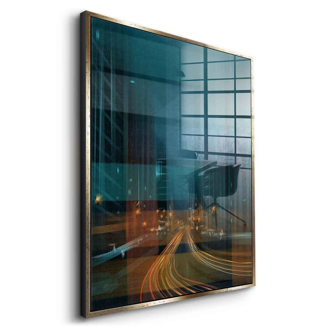 City in the Rhythm of Light Acrylglasbild Seitenansicht silberner Rahmen