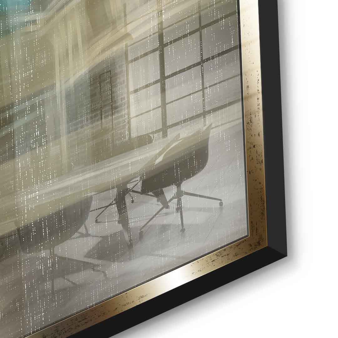 City in the Embrace of Golden Mist Acrylglasbild Detail goldener Rahmen