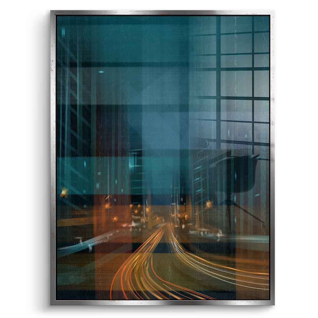 City in the Rhythm of Light Acrylglasbild Vorderansicht silberner Rahmen