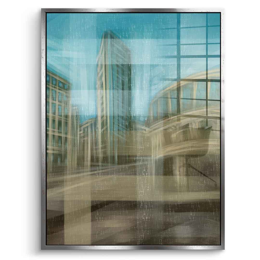 City in the Embrace of Golden Mist Acrylglasbild Vorderansicht silberner Rahmen