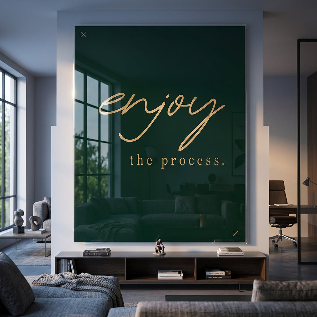 DOTCOMCANVAS® Enjoy Acrylglasbild im Raum – Motivation Typografie an der Wand