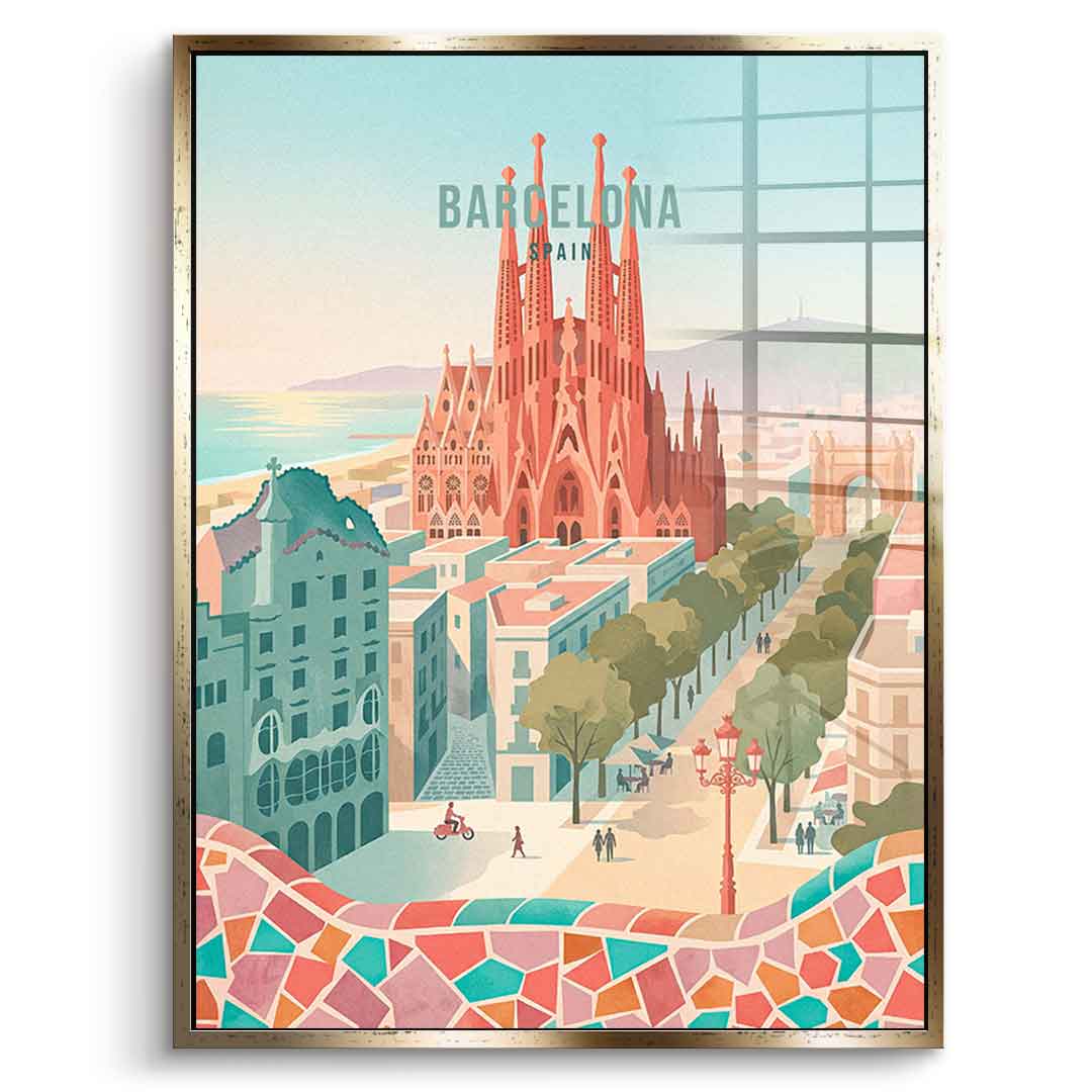 DOTCOMCANVAS Barcelona Acrylglasbild Vorderansicht mit goldenem Rahmen