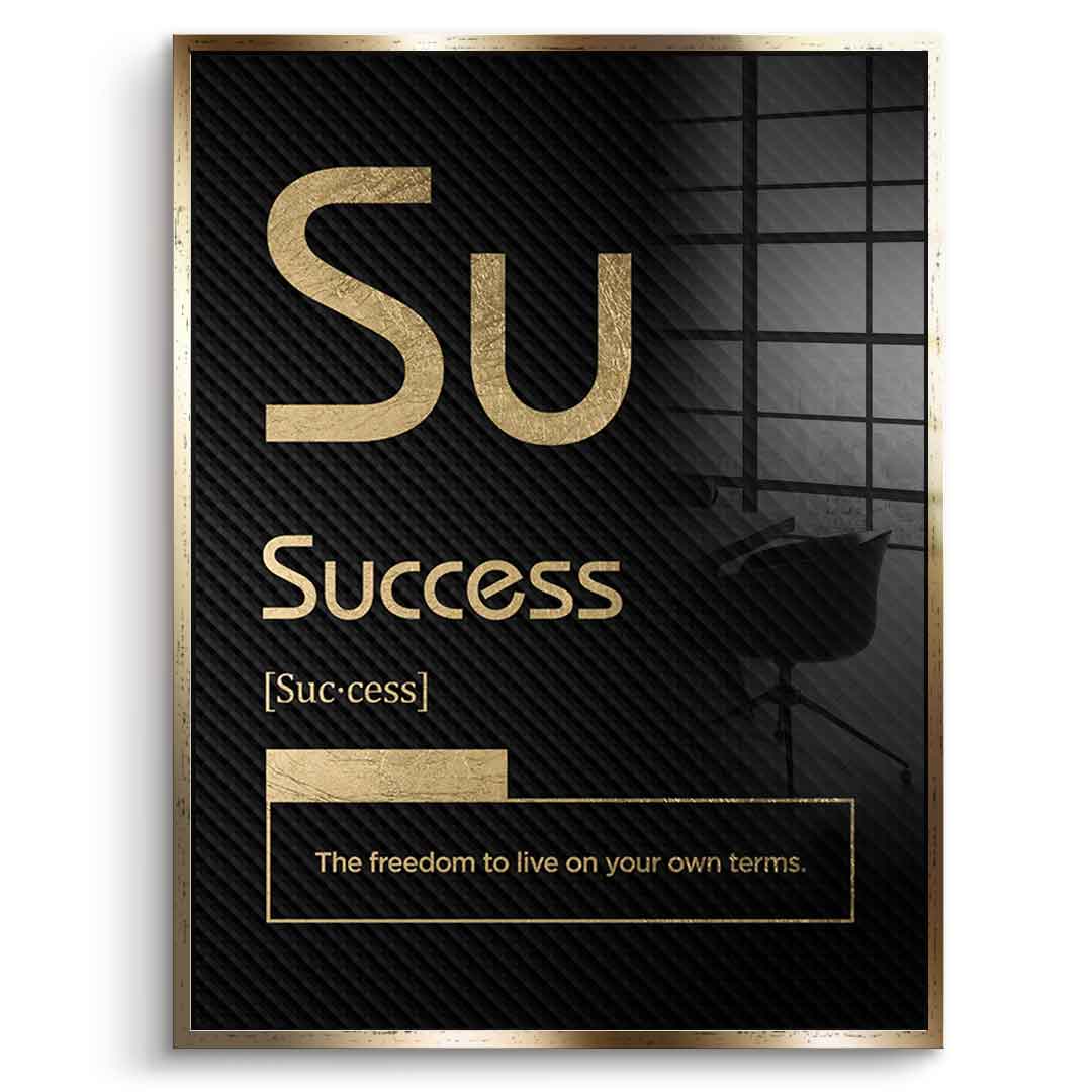 DOTCOMCANVAS® Success (Su) Acrylglasbild Version Schwarz – Vorderansicht Silberner Rahmen
