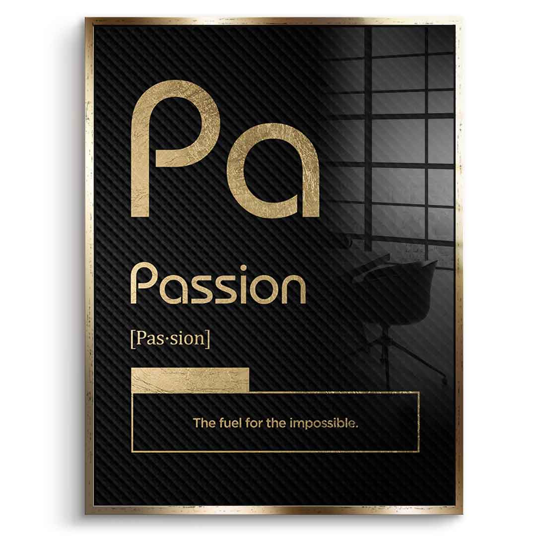 DOTCOMCANVAS® Passion (Pa) Acrylglasbild Version Schwarz – Vorderansicht Silberner Rahmen