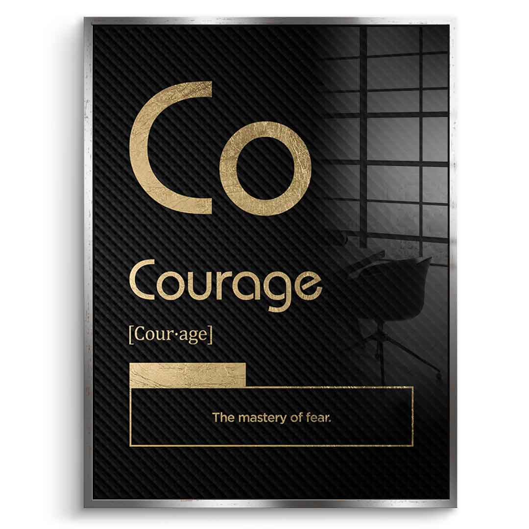 DOTCOMCANVAS® Courage (Co) Acrylglasbild Version Schwarz – Vorderansicht Weißer Rahmen