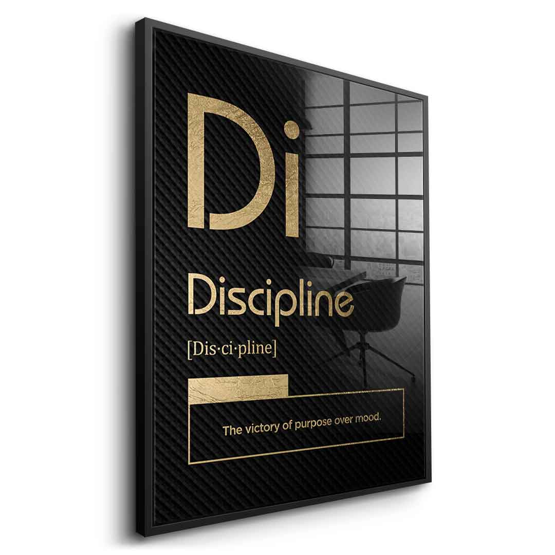 DOTCOMCANVAS® Discipline (Di) Acrylglasbild Version Schwarz – Vorderansicht Goldener Rahmen