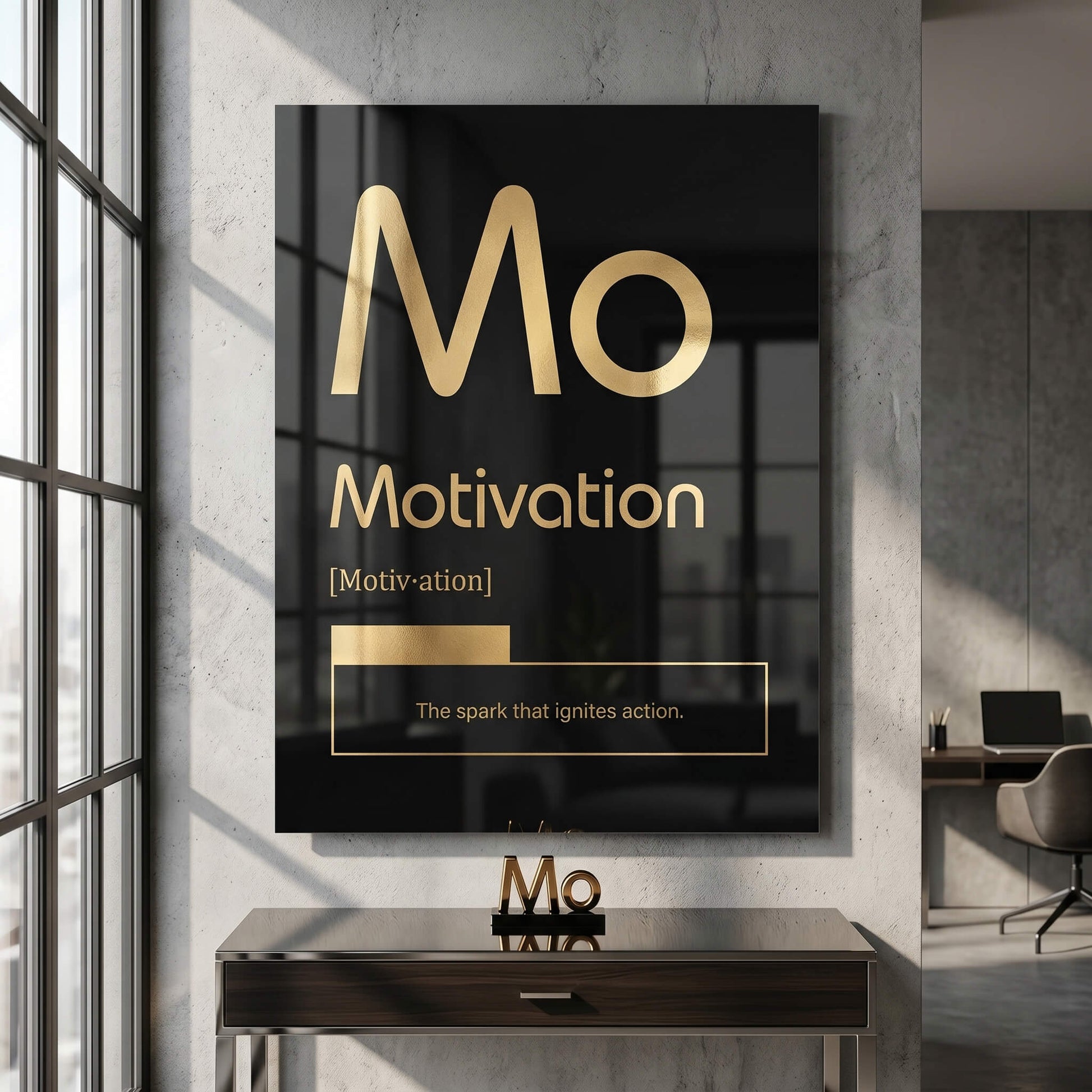 DOTCOMCANVAS® Motivation (Mo) Acrylglasbild Version Schwarz – Raum-Mockup