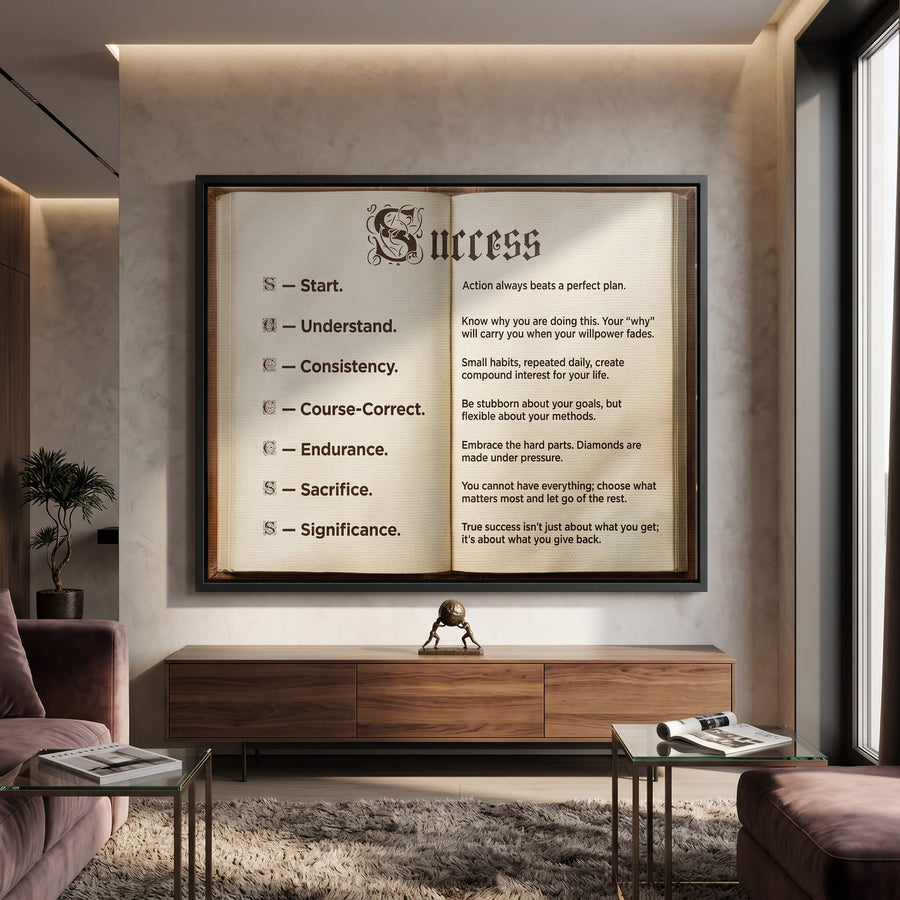 DOTCOMCANVAS® Success book Leinwandbild – im Raum