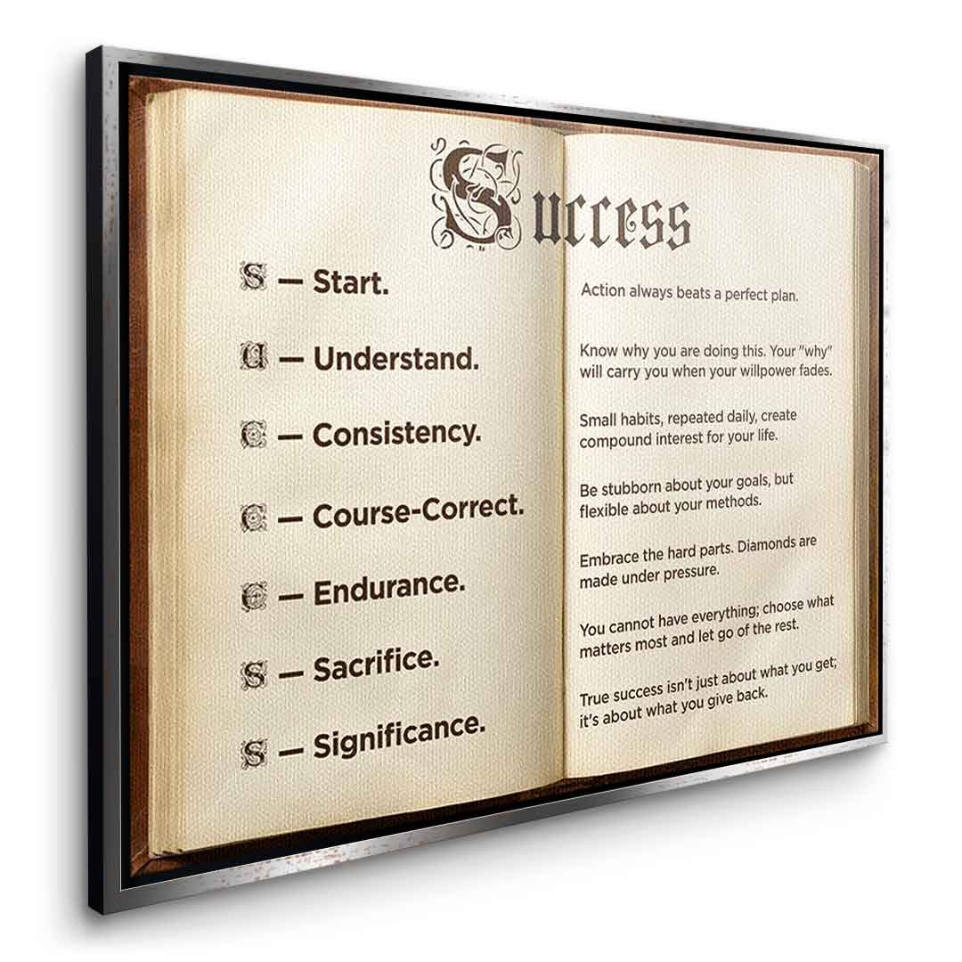 DOTCOMCANVAS® Success book Leinwandbild – Seitenansicht goldener Rahmen