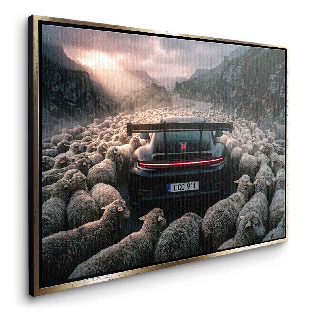 Porshe & Sheeps Leinwandbild Seitenansicht mit Rahmen