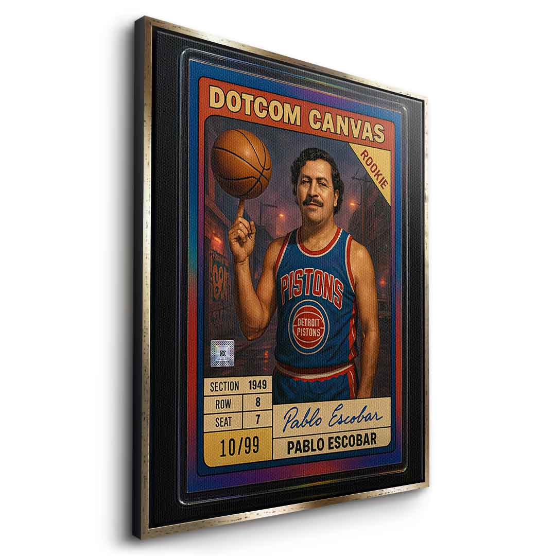 DOTCOMCANVAS Pablo Escobar Basketball Card Leinwandbild Pop Art Gold gerahmt Seitenansicht