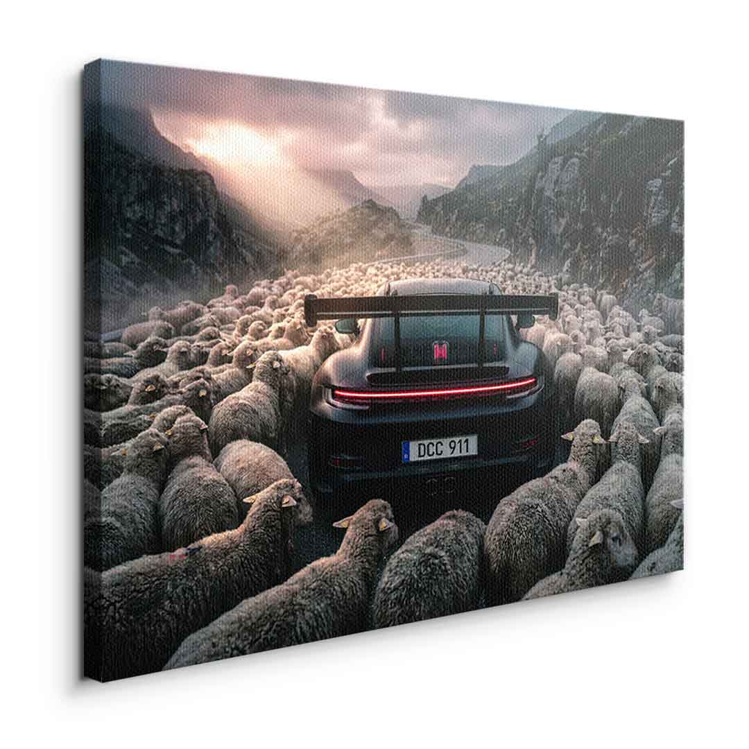 Porshe & Sheeps Leinwandbild Seitenansicht ohne Rahmen