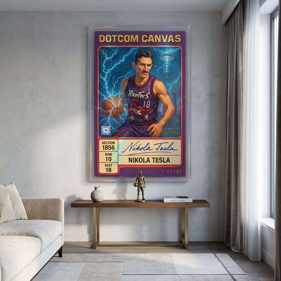 DOTCOMCANVAS Leinwandbild Nikola Tesla Basketball Card Pop Art im Wohnraum an der Wand