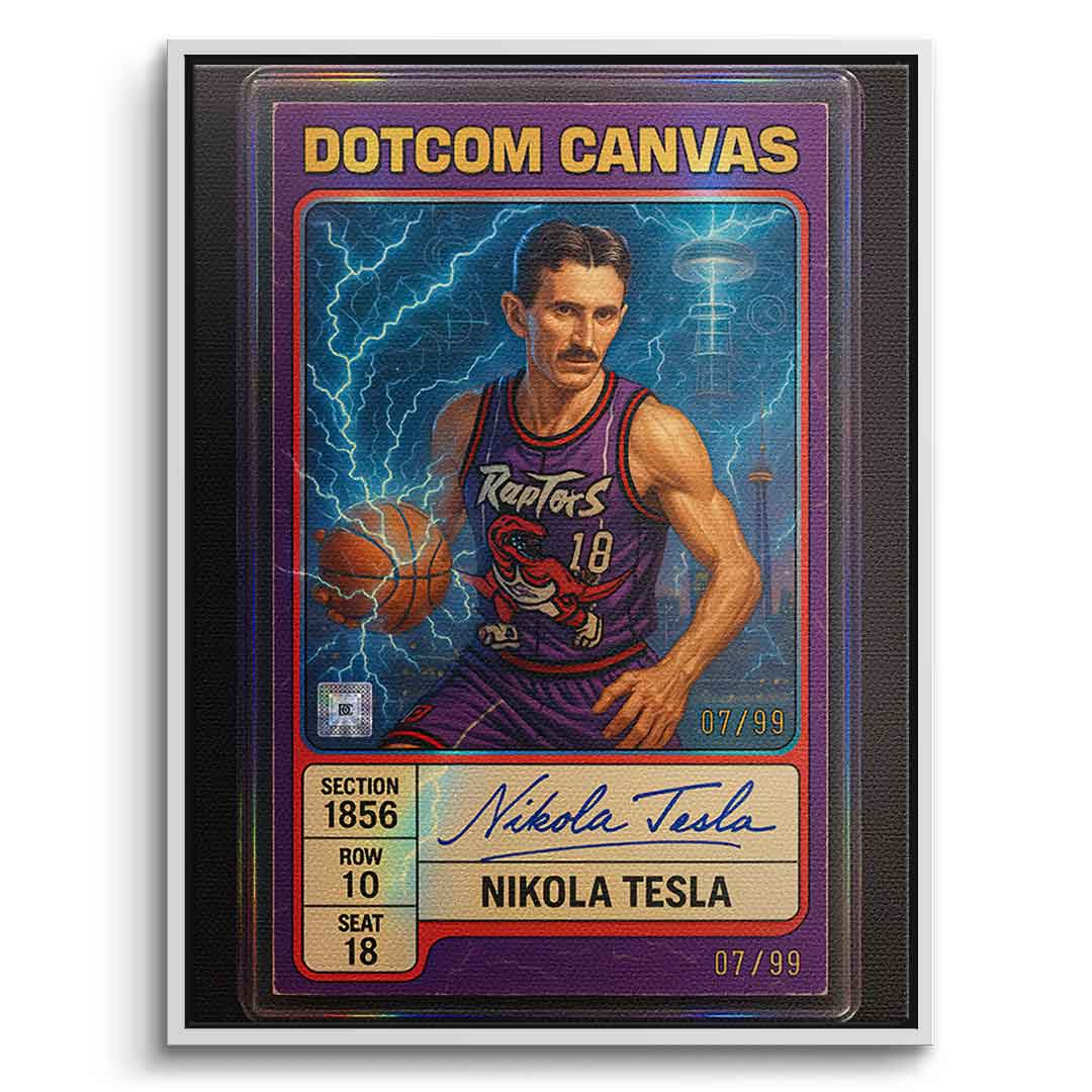 DOTCOMCANVAS Leinwandbild Nikola Tesla Basketball Card Frontansicht mit weißem Premium Rahmen