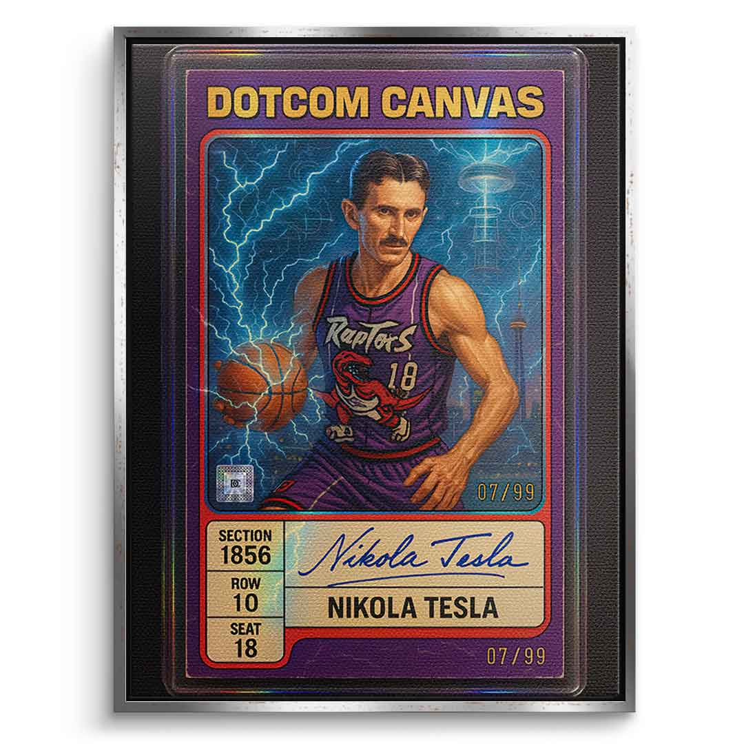 DOTCOMCANVAS Leinwandbild Nikola Tesla Basketball Card Frontansicht mit silbernem Premium Rahmen