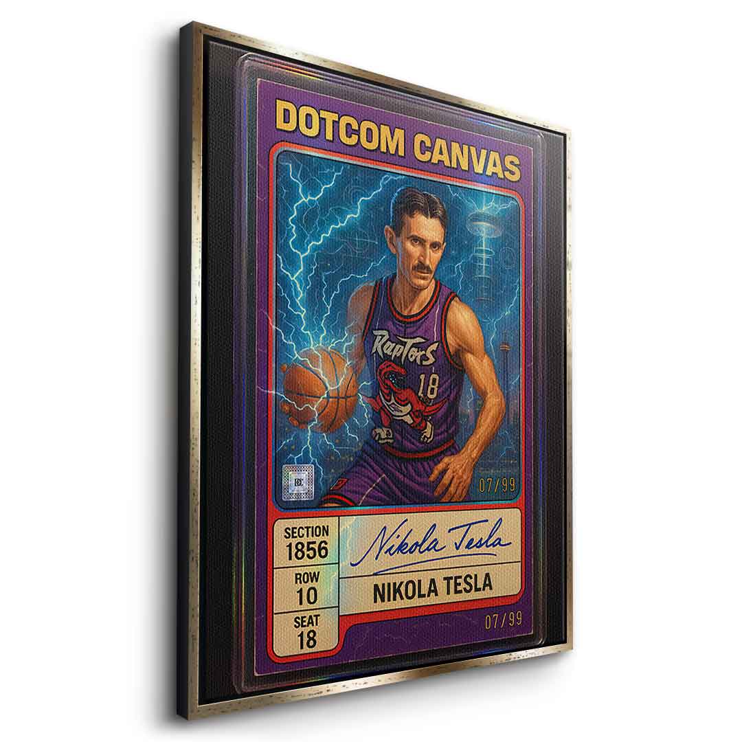 DOTCOMCANVAS Leinwandbild Nikola Tesla Basketball Card Seitenansicht mit goldenem Rahmen