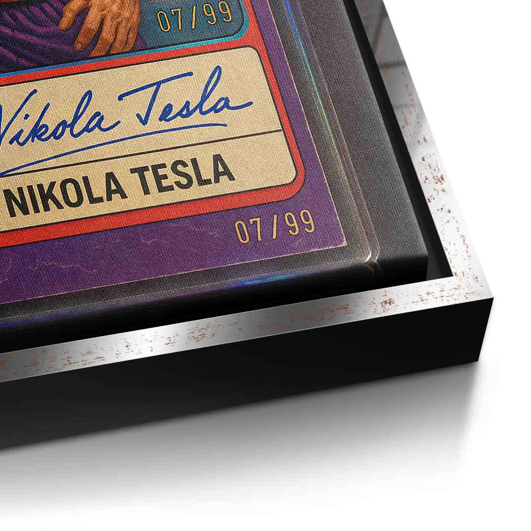 DOTCOMCANVAS Leinwandbild Nikola Tesla Basketball Card Detailansicht mit silbernem Rahmen