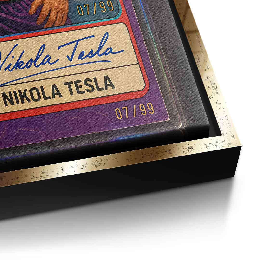 DOTCOMCANVAS Leinwandbild Nikola Tesla Basketball Card Detailansicht mit goldenem Rahmen
