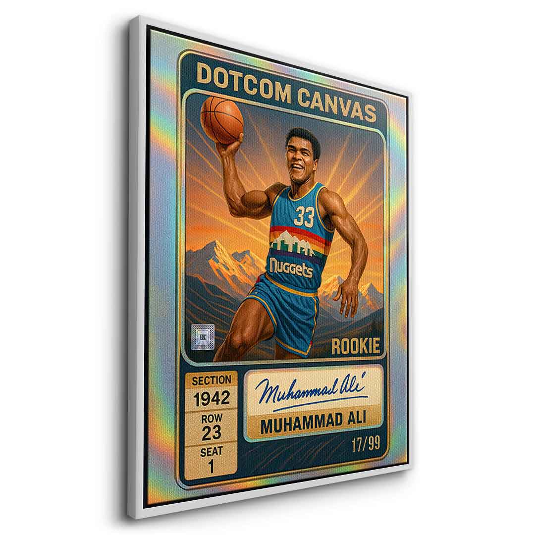 DOTCOMCANVAS Muhammad Ali Basketball Card Leinwandbild Pop Art Silber gerahmt Seitenansicht
