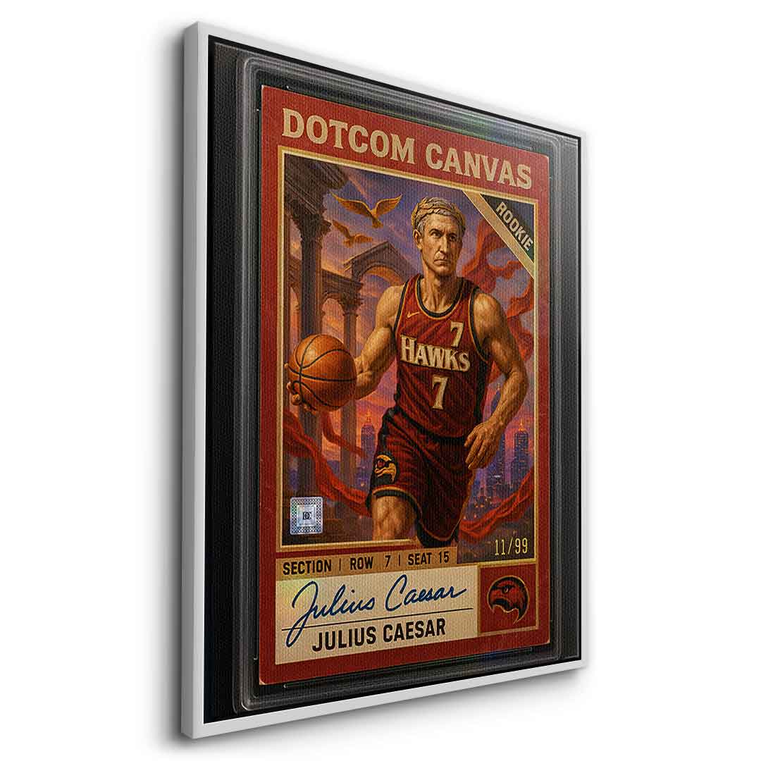 DOTCOMCANVAS Julius Caesar Basketball Card Leinwandbild Pop Art – Seitenansicht mit Silber Rahmen