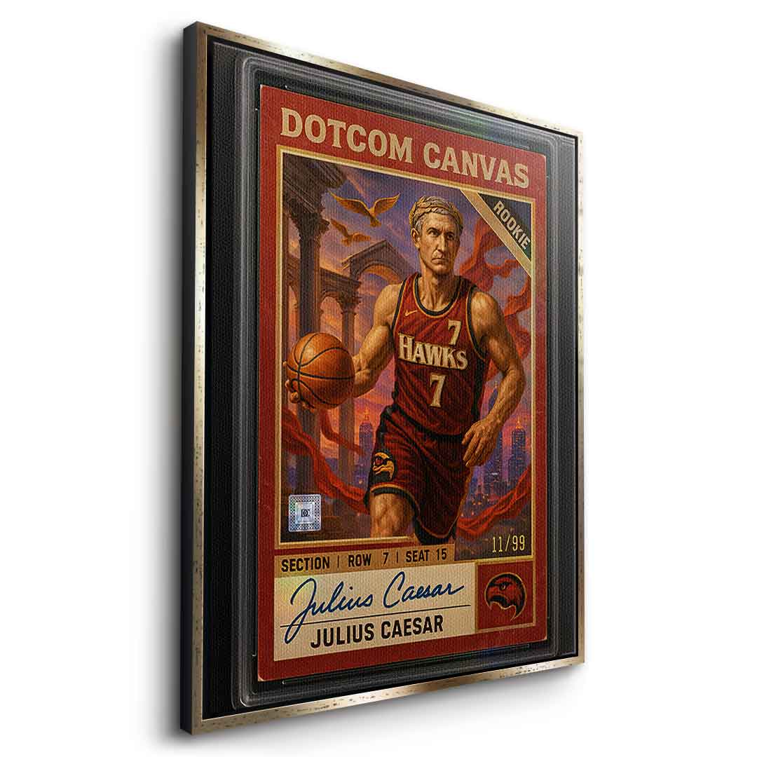 DOTCOMCANVAS Julius Caesar Basketball Card Leinwandbild Pop Art – Seitenansicht mit Gold Rahmen