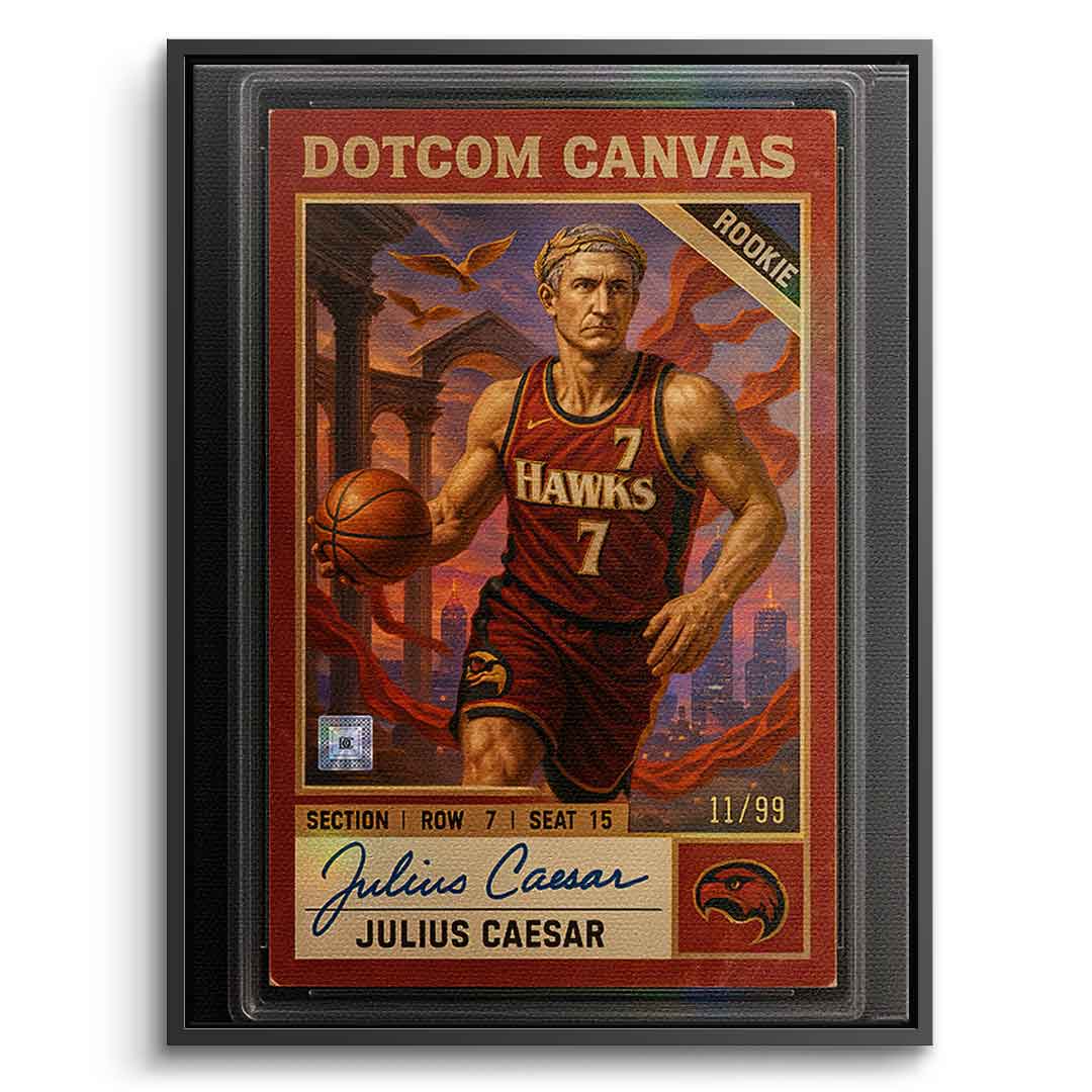 DOTCOMCANVAS Julius Caesar Basketball Card Leinwandbild Pop Art – Frontansicht mit schwarzem Rahmen