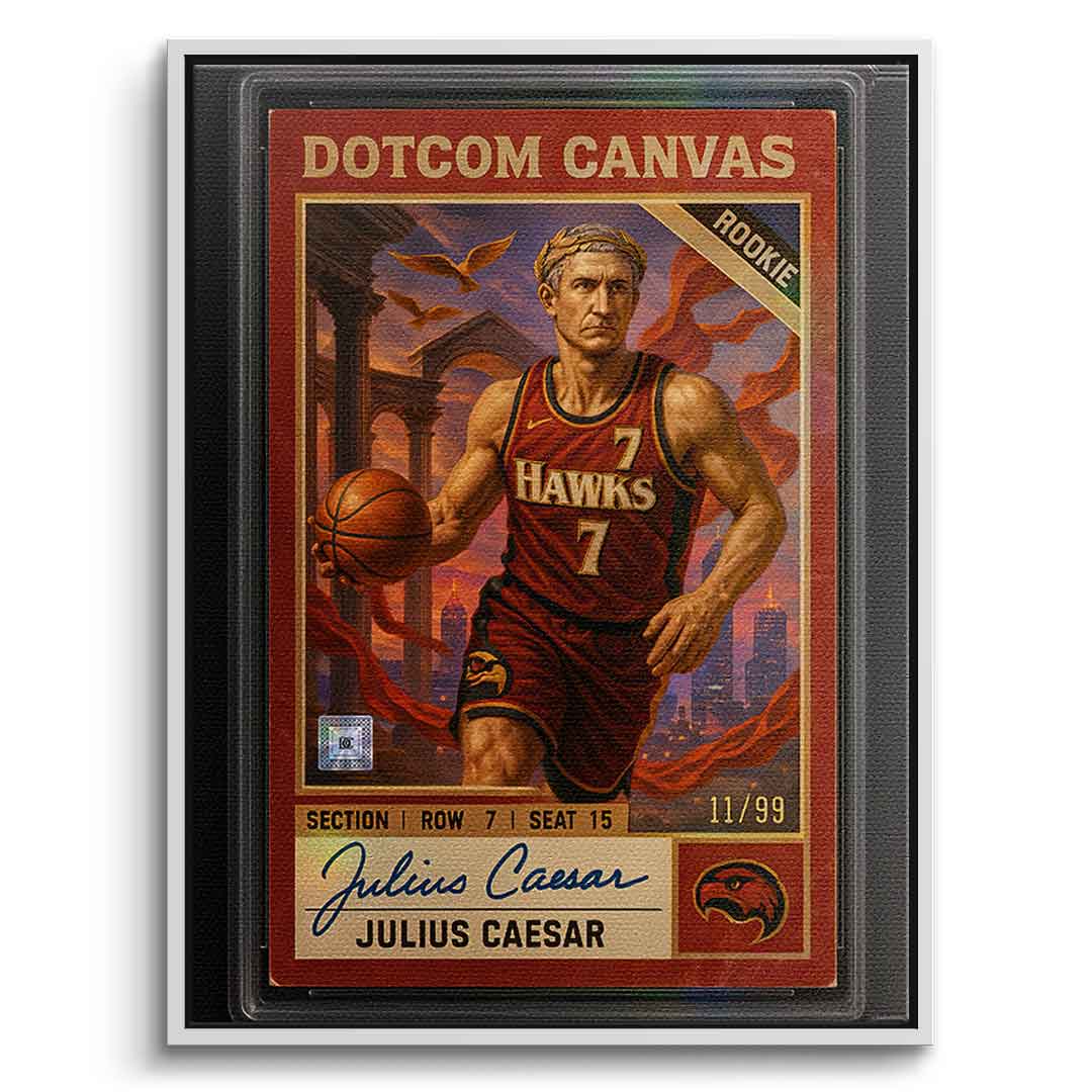 DOTCOMCANVAS Julius Caesar Basketball Card Leinwandbild Pop Art – Frontansicht mit weißem Rahmen