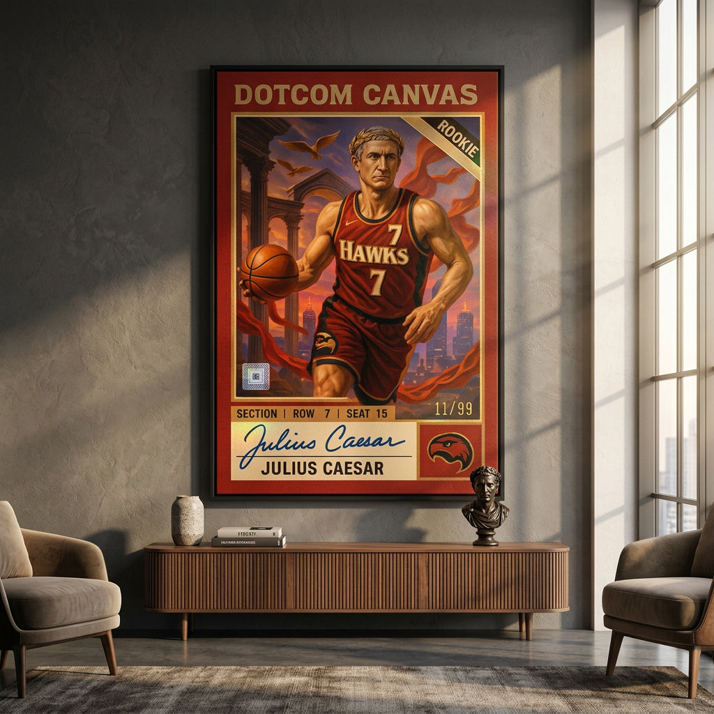 DOTCOMCANVAS Julius Caesar Basketball Card Leinwandbild Pop Art – Wohnzimmer Raumansicht