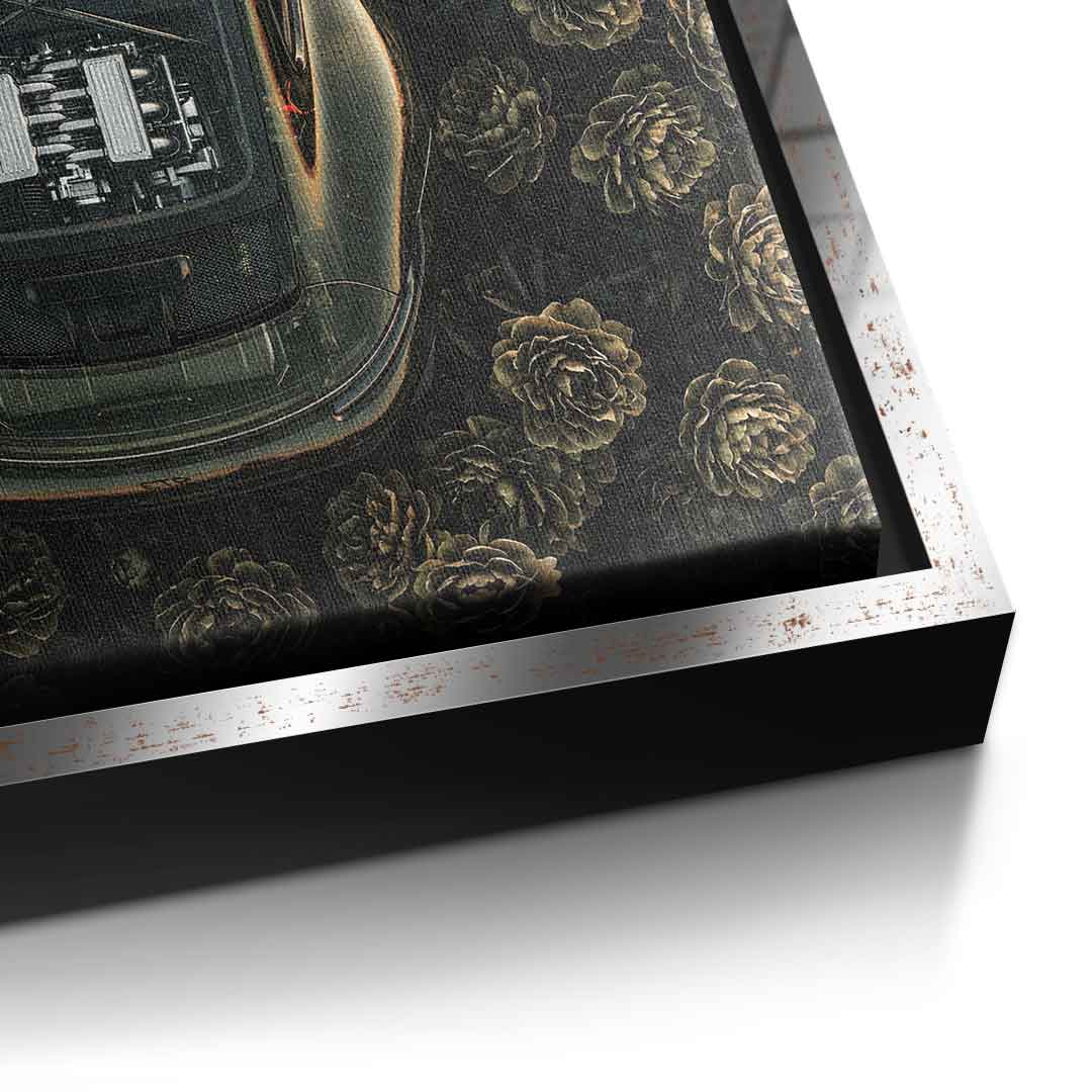 DOTCOMCANVAS® Porsche in flowers Leinwandbild – Detailansicht silberner Rahmen