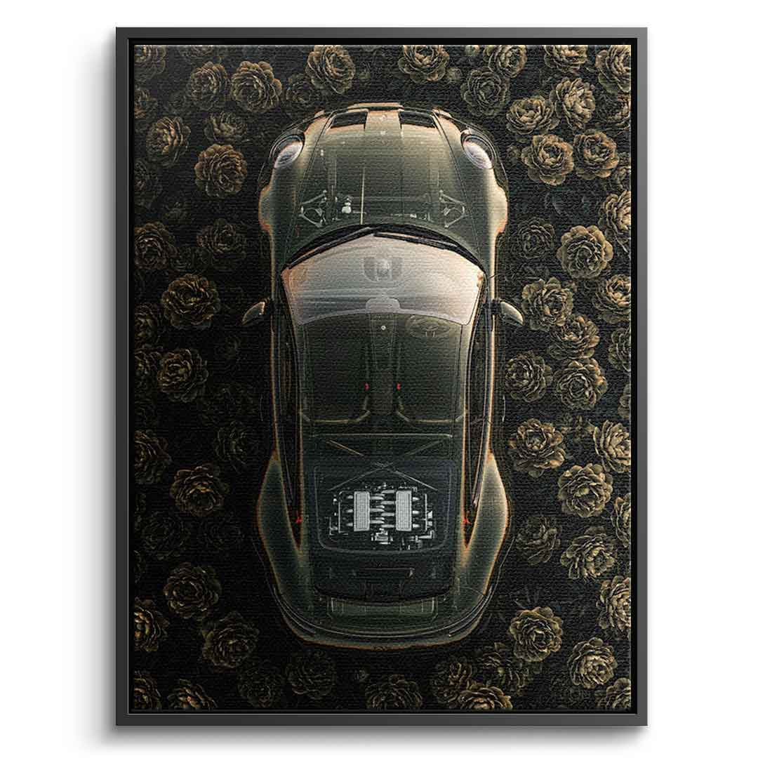 DOTCOMCANVAS® Porsche in flowers Leinwandbild – Vorderansicht silberner Rahmen