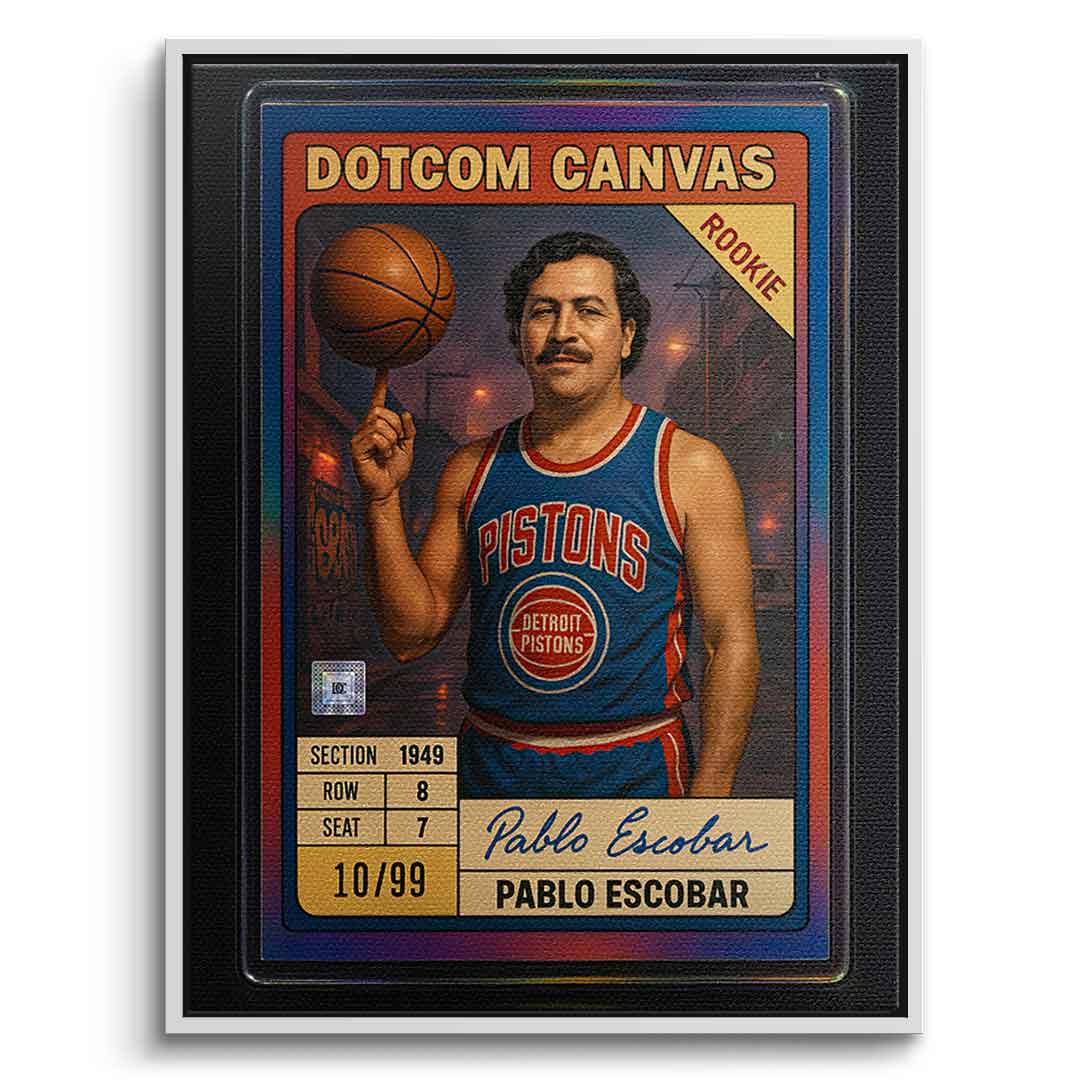 DOTCOMCANVAS Pablo Escobar Basketball Card Leinwandbild Pop Art Weiß gerahmt Frontansicht