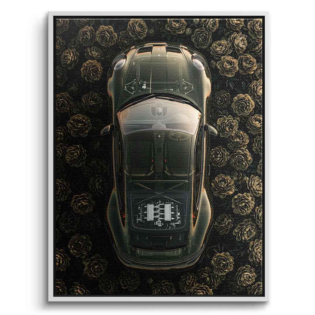 DOTCOMCANVAS® Porsche in flowers Leinwandbild – Vorderansicht weißer Rahmen