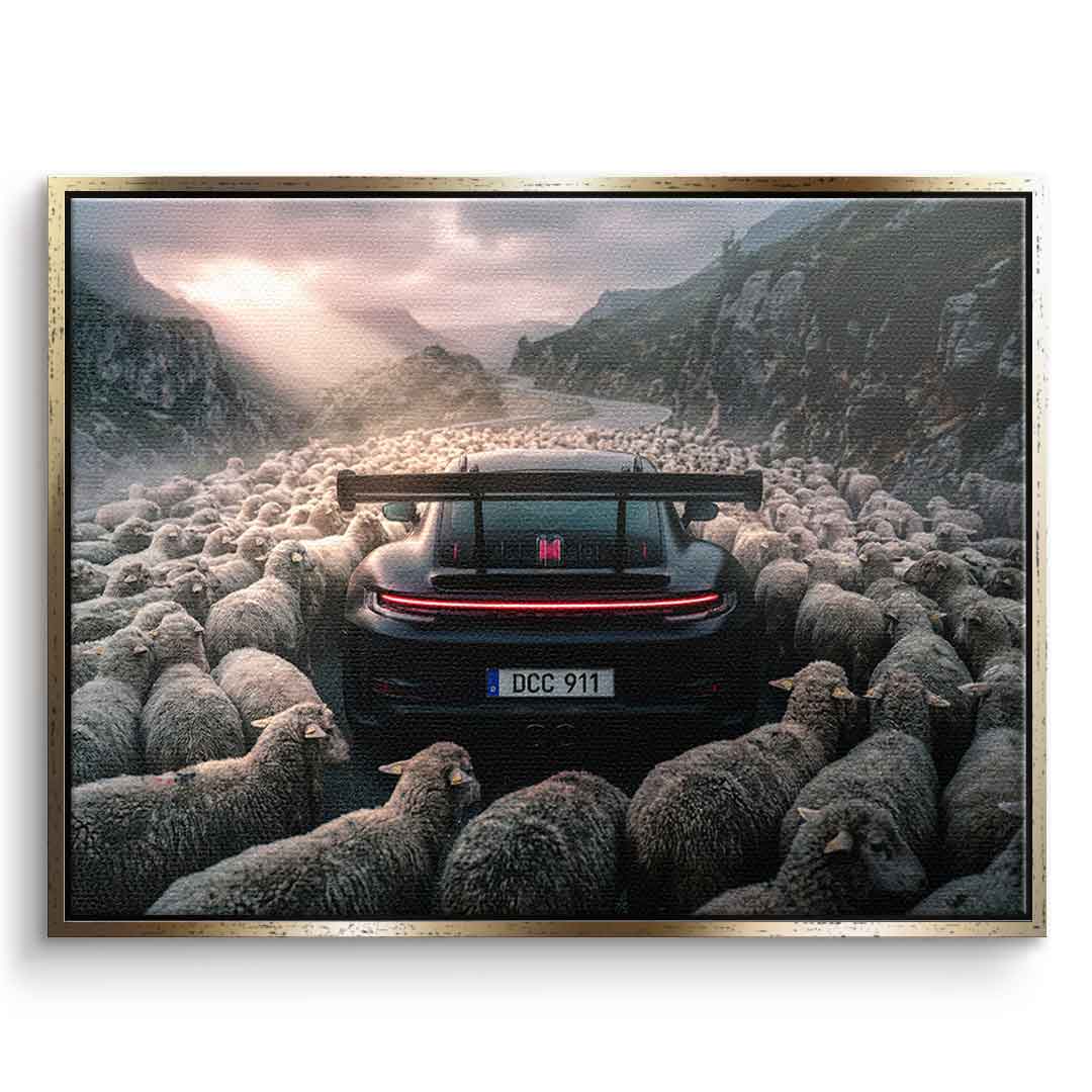 Porshe & Sheeps Leinwandbild mit silbernem Rahmen