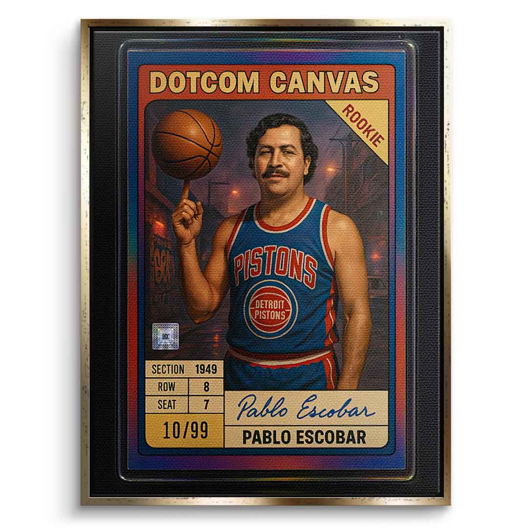 DOTCOMCANVAS Pablo Escobar Basketball Card Leinwandbild Pop Art Gold gerahmt Frontansicht