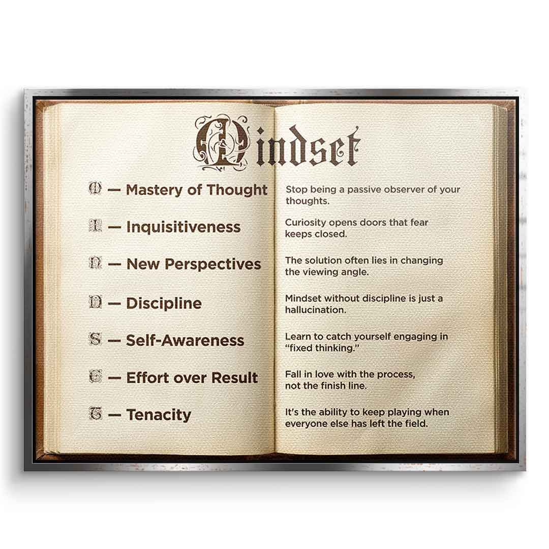 DOTCOMCANVAS® Mindset book Leinwandbild – Vorderansicht goldener Rahmen