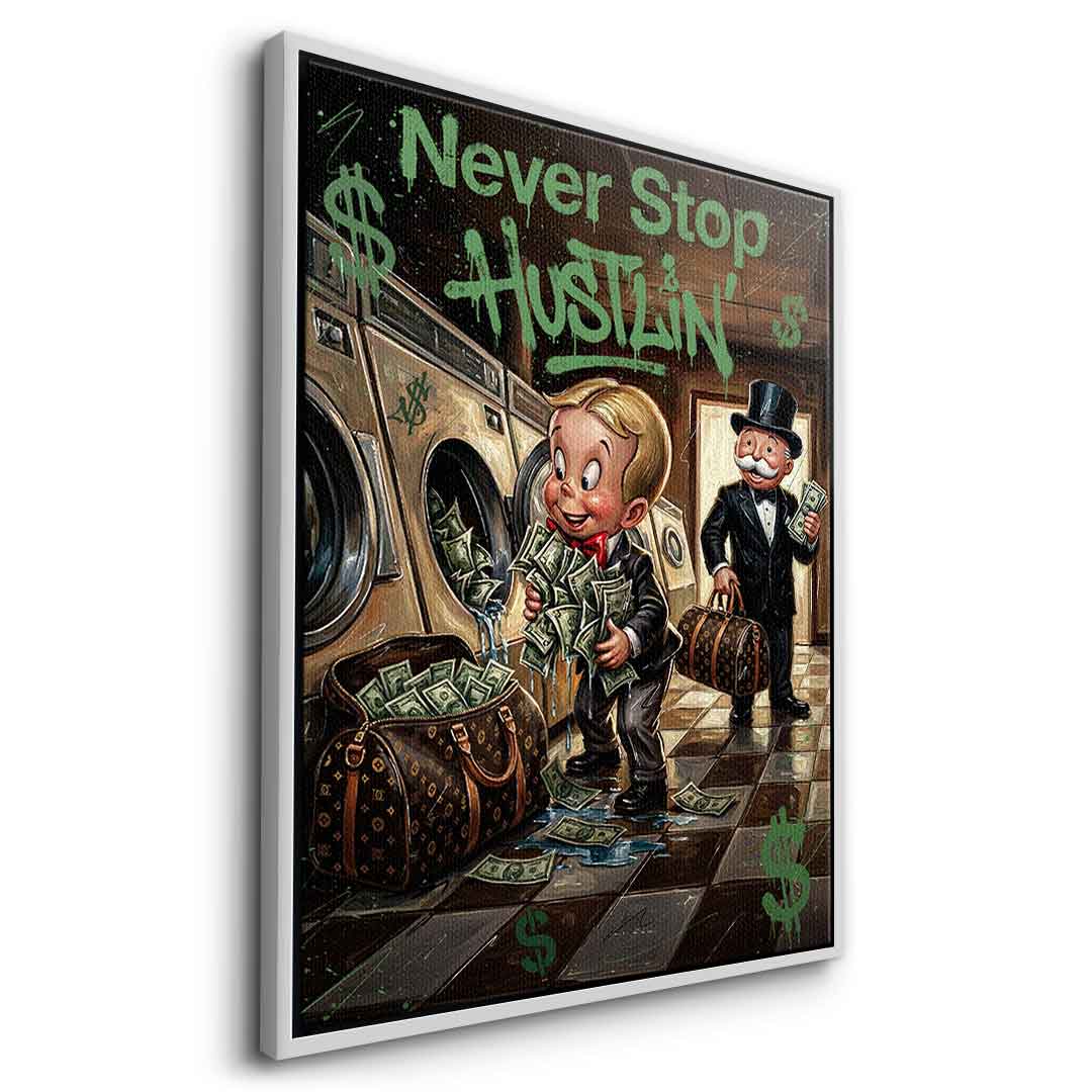 DOTCOMCANVAS® Never Stop Hustlin Leinwandbild – Seitenansicht silberner Rahmen