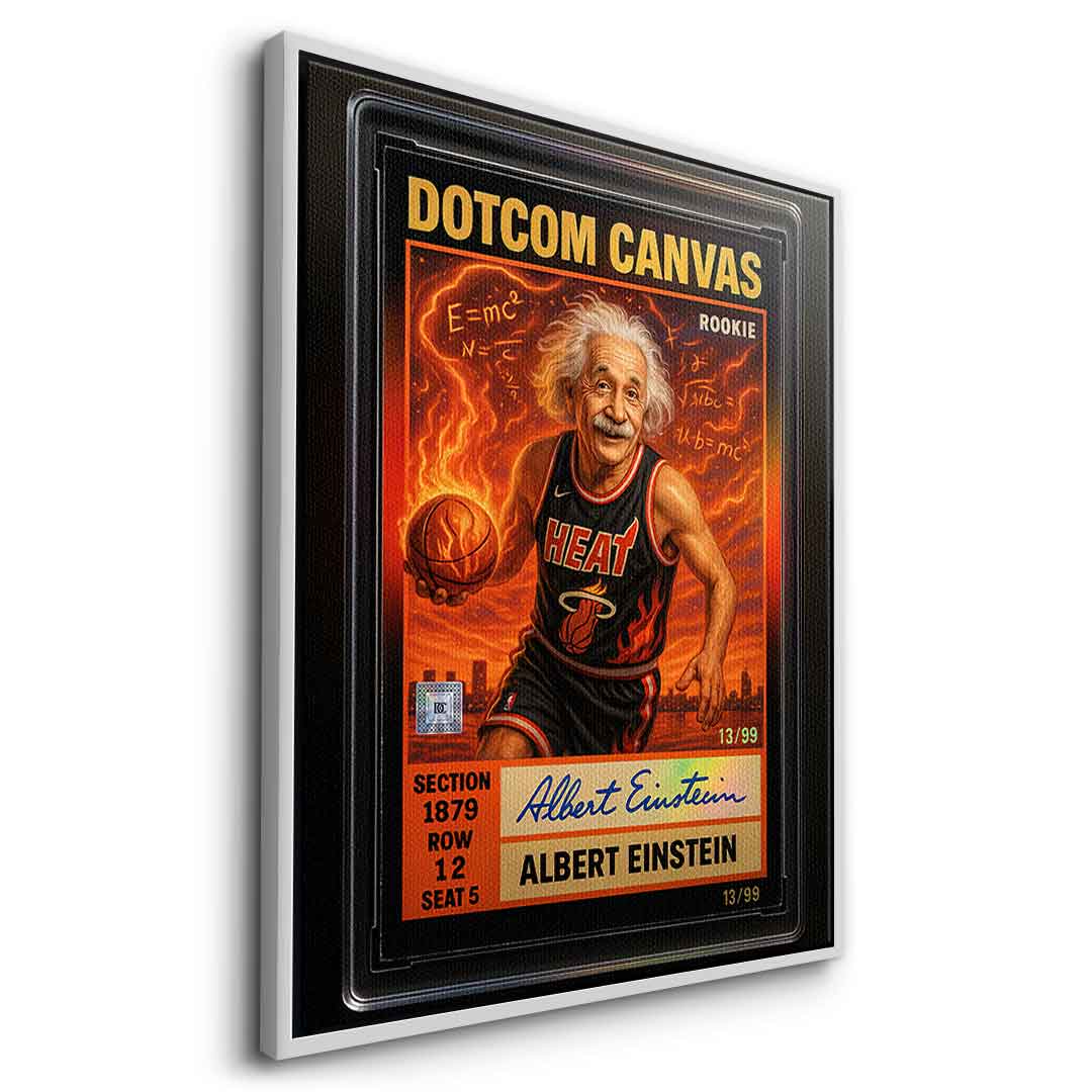 DOTCOMCANVAS Albert Einstein Basketball Card Pop Art Wandbild Leinwandbild Seitenansicht mit silbernem Rahmen
