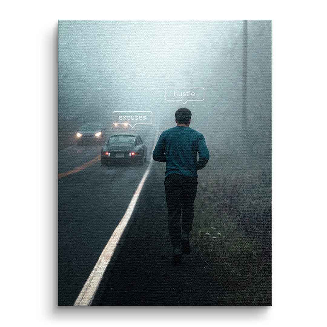 Leinwandbild Hustle & Excuses ohne Rahmen – Motivation Typografie mit Läufer auf nebliger Straße